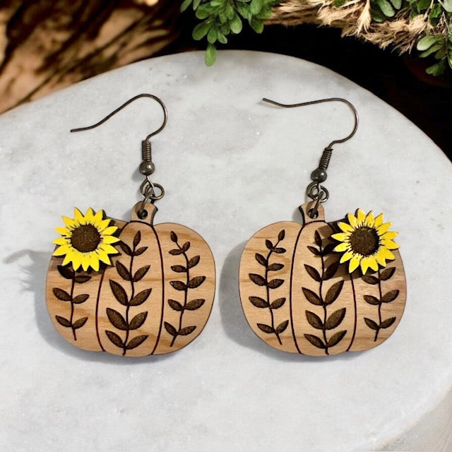 Pumpkin and Sunflower Wood Earrings