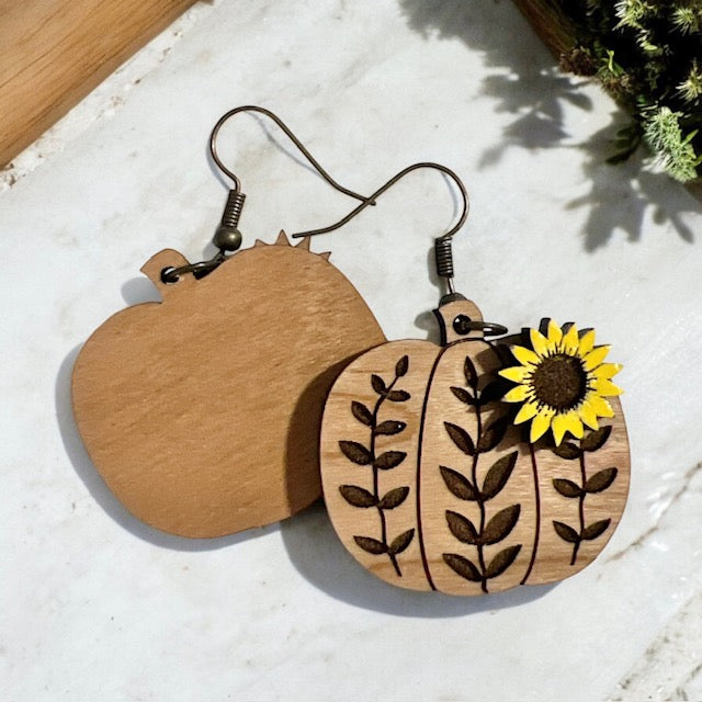 Pumpkin and Sunflower Wood Earrings