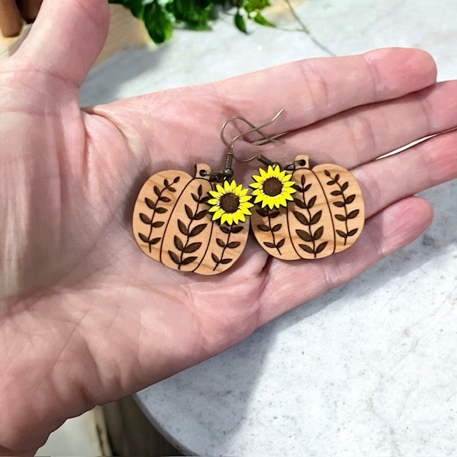 Pumpkin and Sunflower Wood Earrings