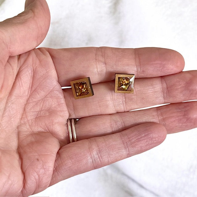 Square Wood and Autumn Foil Stud Earrings