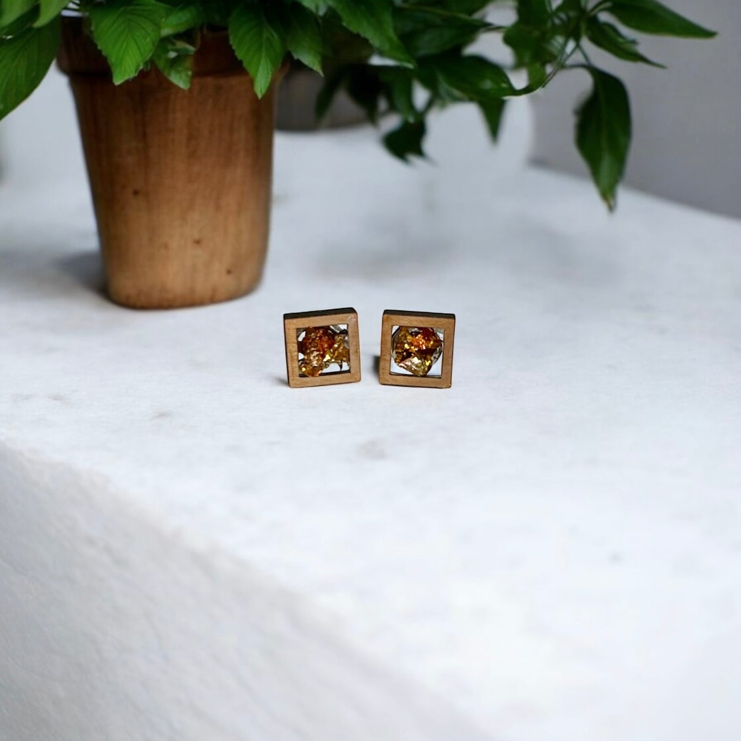 Square Wood and Autumn Foil Stud Earrings