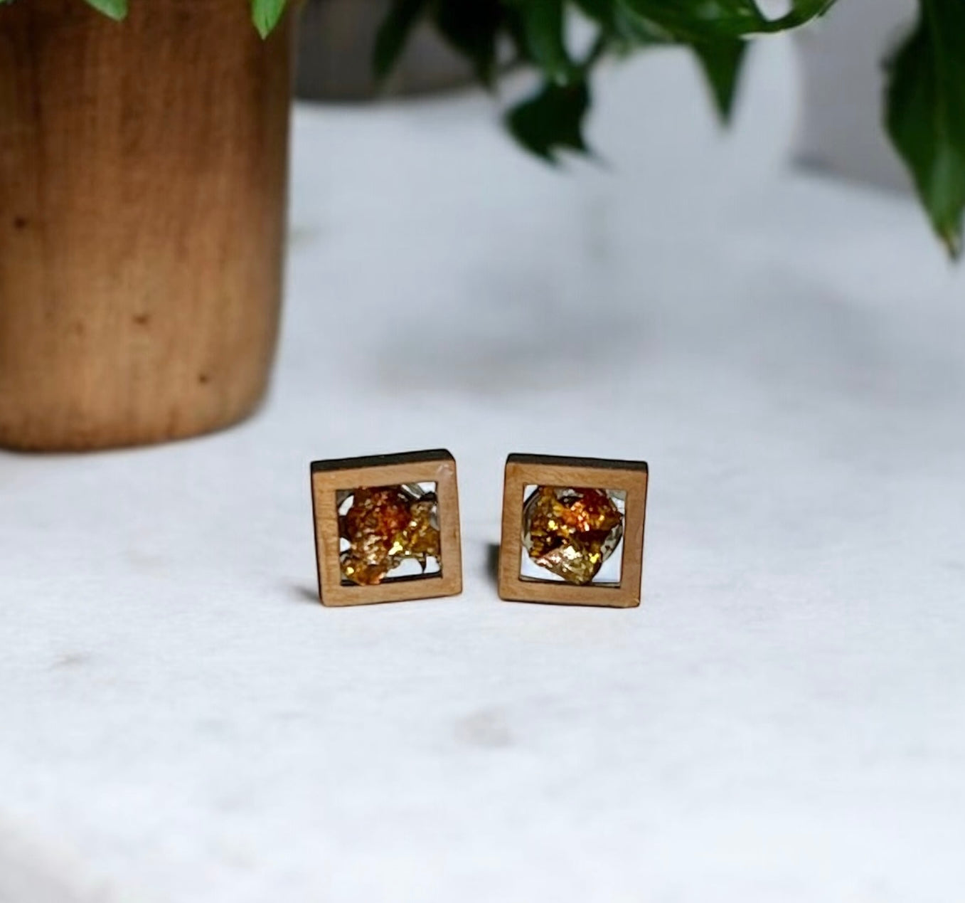 Square Wood and Autumn Foil Stud Earrings