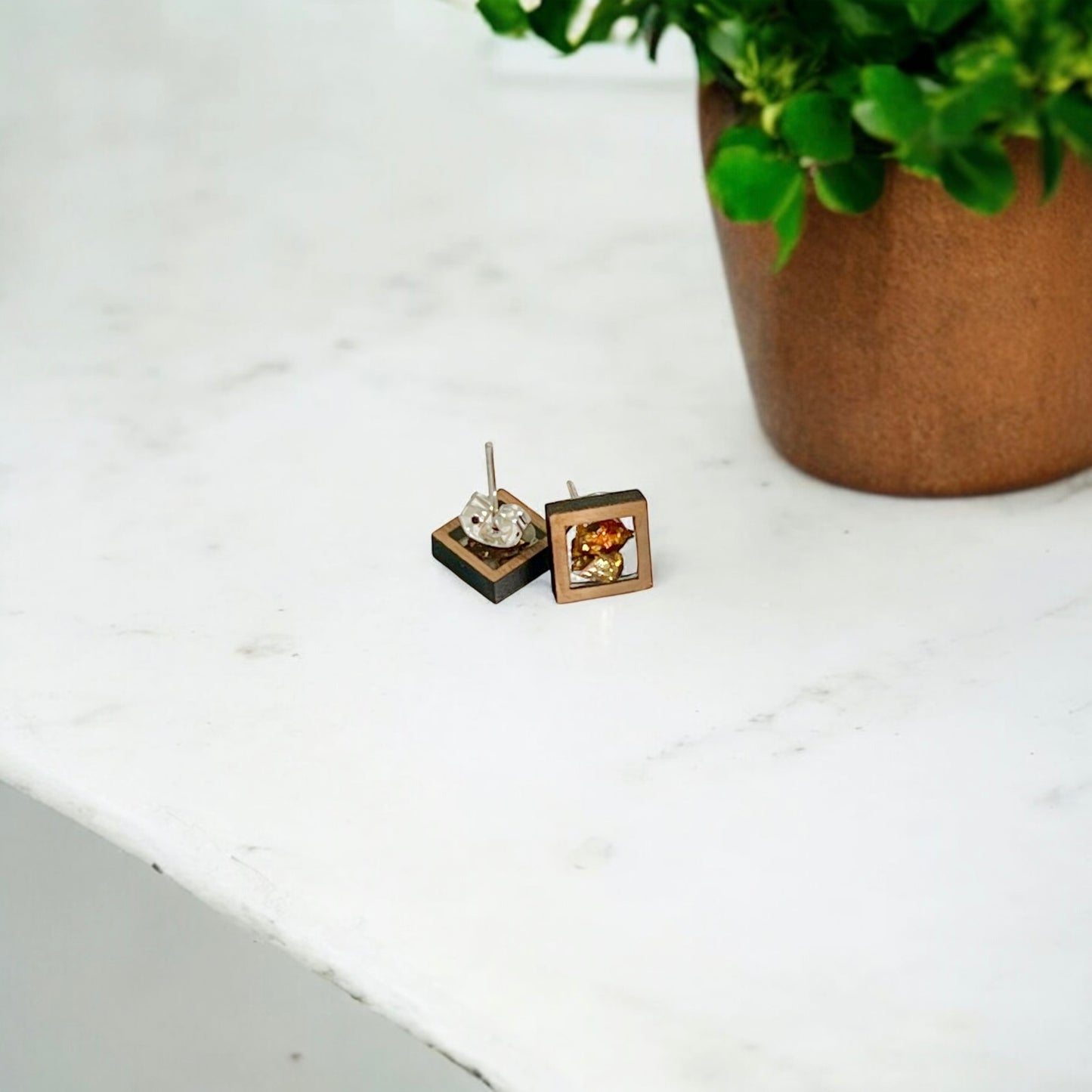 Square Wood and Autumn Foil Stud Earrings