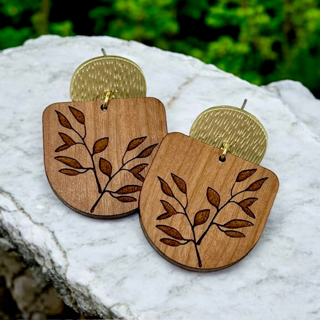 engraved wood earrings with matte gold plated stud posts