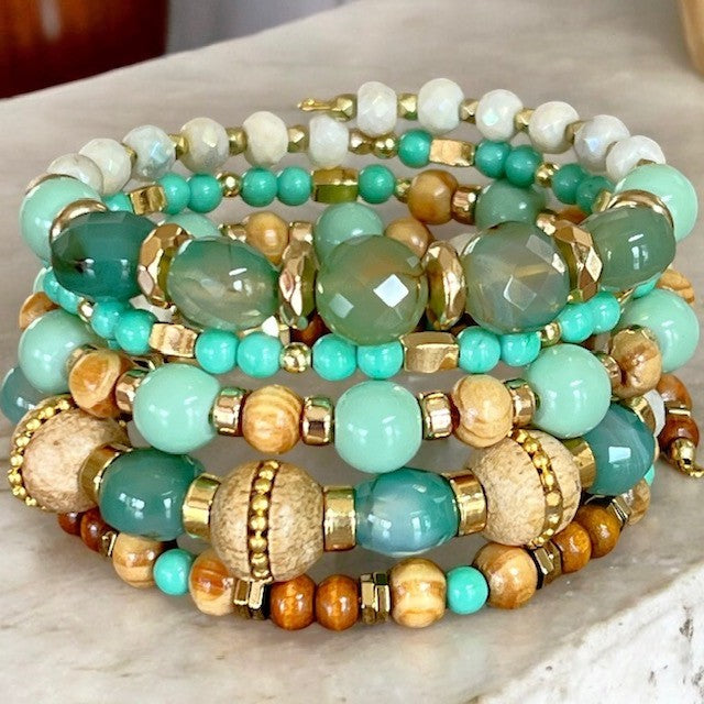 Ocean Hues Agate and Wood Wrap Bracelet OOAK