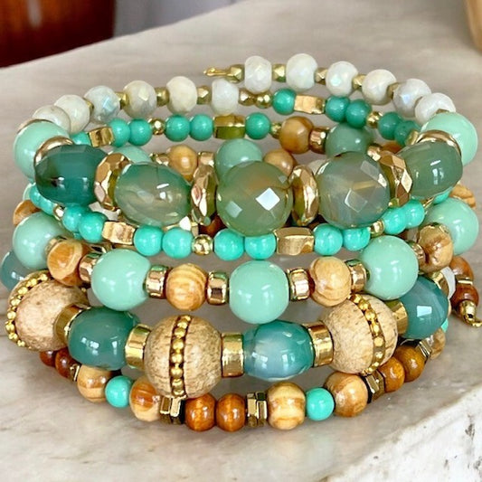Ocean Hues Agate and Wood Wrap Bracelet OOAK