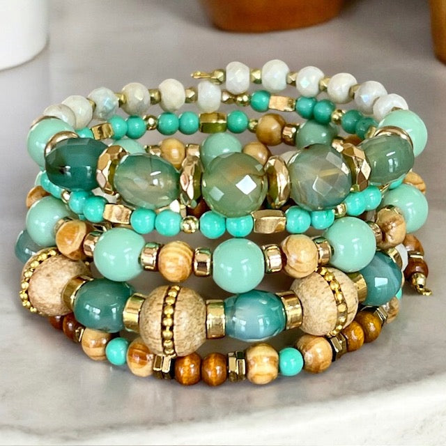 Ocean Hues Agate and Wood Wrap Bracelet OOAK