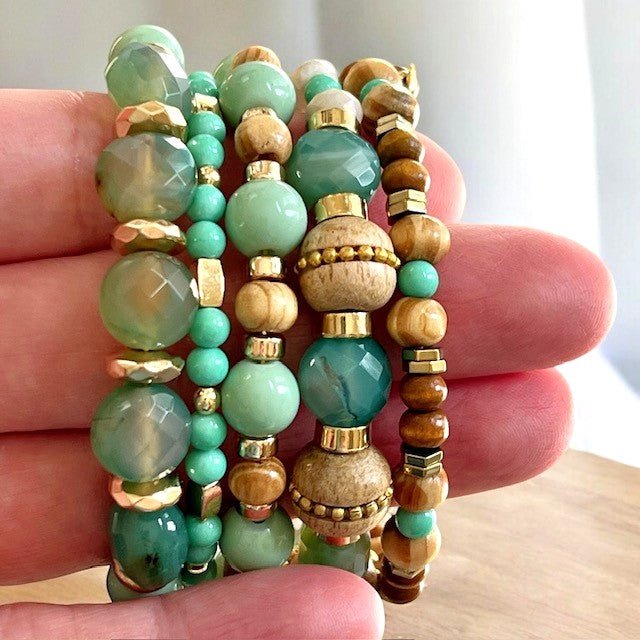 Ocean Hues Agate and Wood Wrap Bracelet OOAK