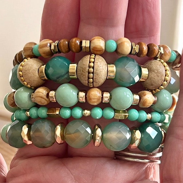 Ocean Hues Agate and Wood Wrap Bracelet OOAK
