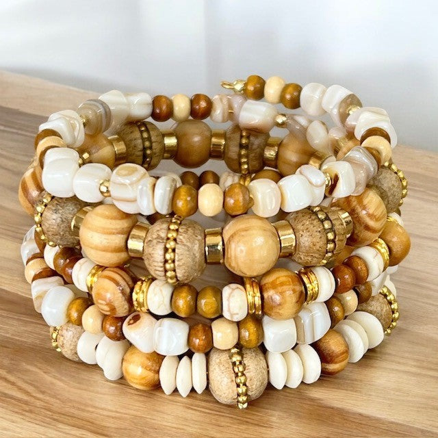 Shell and Wood Wrap Bracelet OOAK