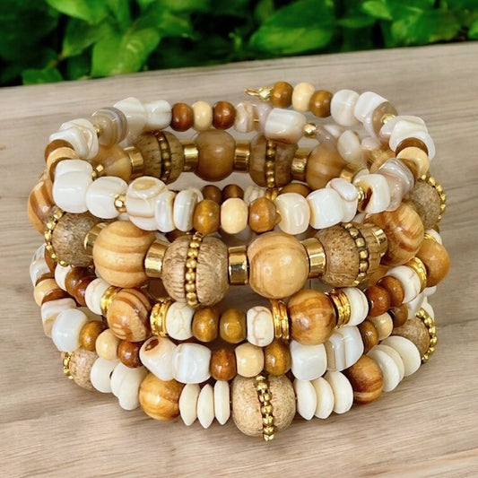 Shell and Wood Wrap Bracelet OOAK