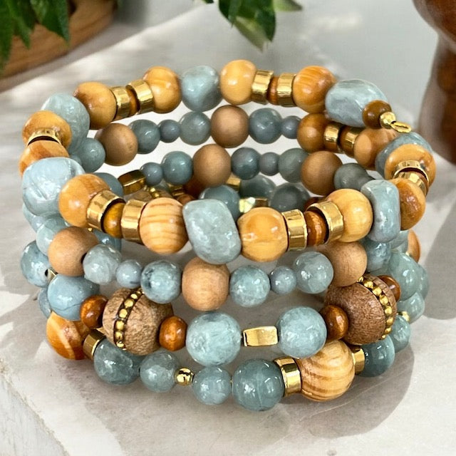 Slate Blue and Wood Wrap Bracelet OOAK