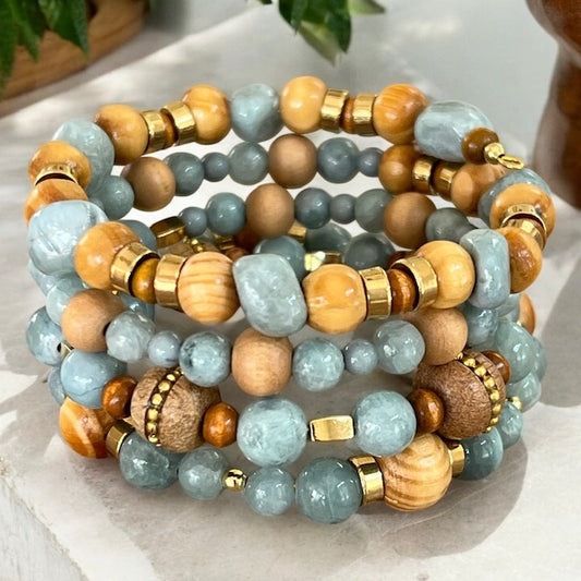 Slate Blue and Wood Wrap Bracelet OOAK