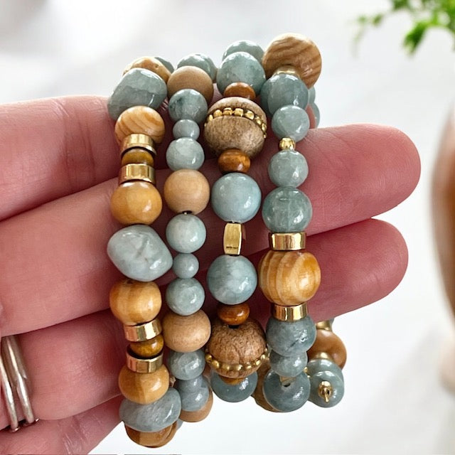 Slate Blue and Wood Wrap Bracelet OOAK