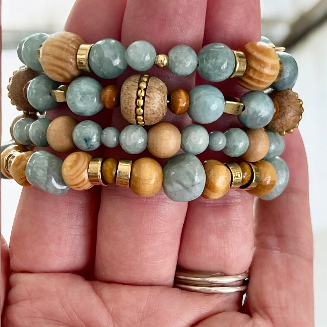 Slate Blue and Wood Wrap Bracelet OOAK