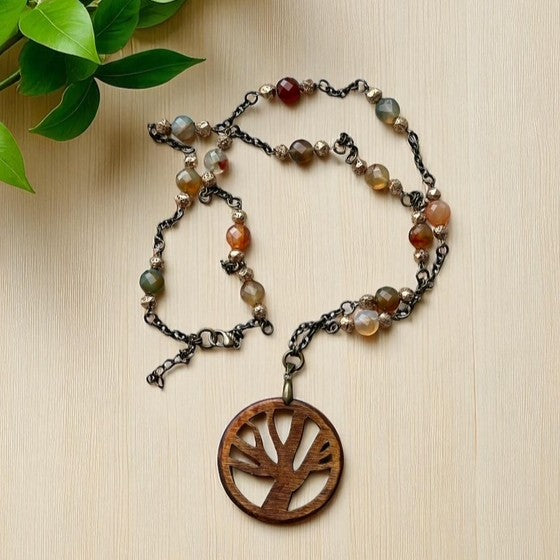 Tree of Life Agate Stone and Chain Link Necklace