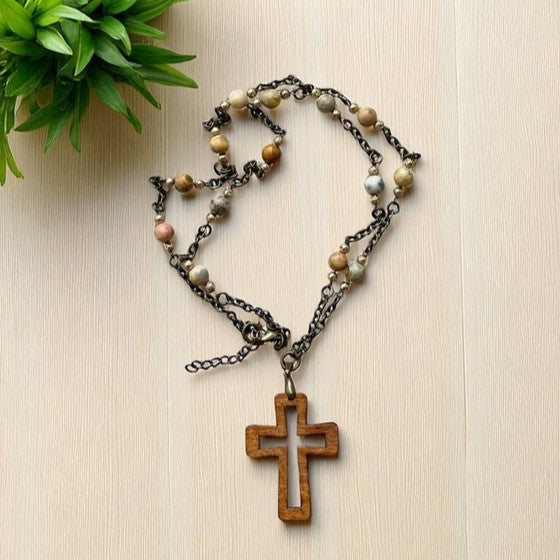 Cross Pendant and Agate Stone and Chain Link Necklace