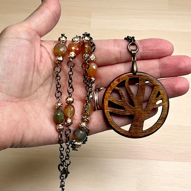 Tree of Life Agate Stone and Chain Link Necklace