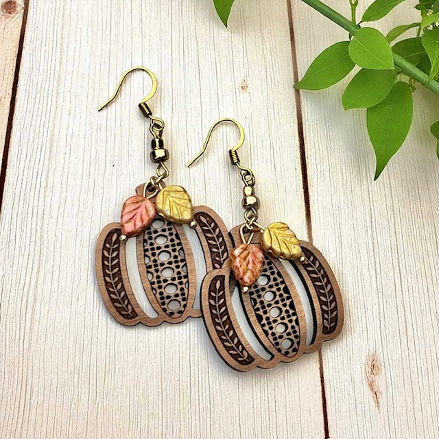 Pumpkin Rattan Earrings with Czech Glass Leaf Charms