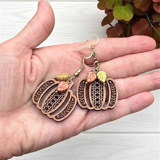 Pumpkin Rattan Earrings with Czech Glass Leaf Charms