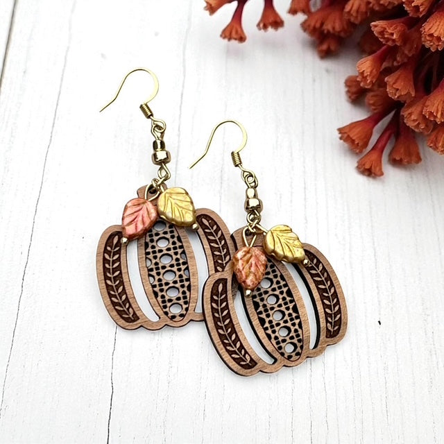 Pumpkin Rattan Earrings with Czech Glass Leaf Charms