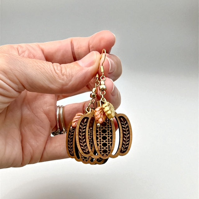 Pumpkin Rattan Earrings with Czech Glass Leaf Charms