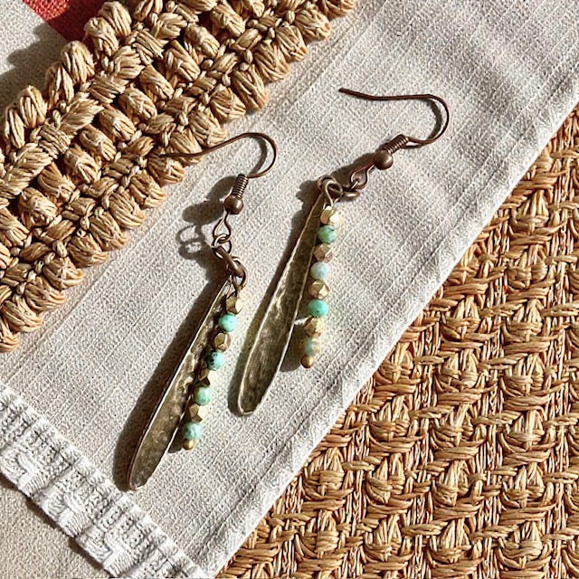 Hammered Brass Leaf & African Jasper Drop Earrings
