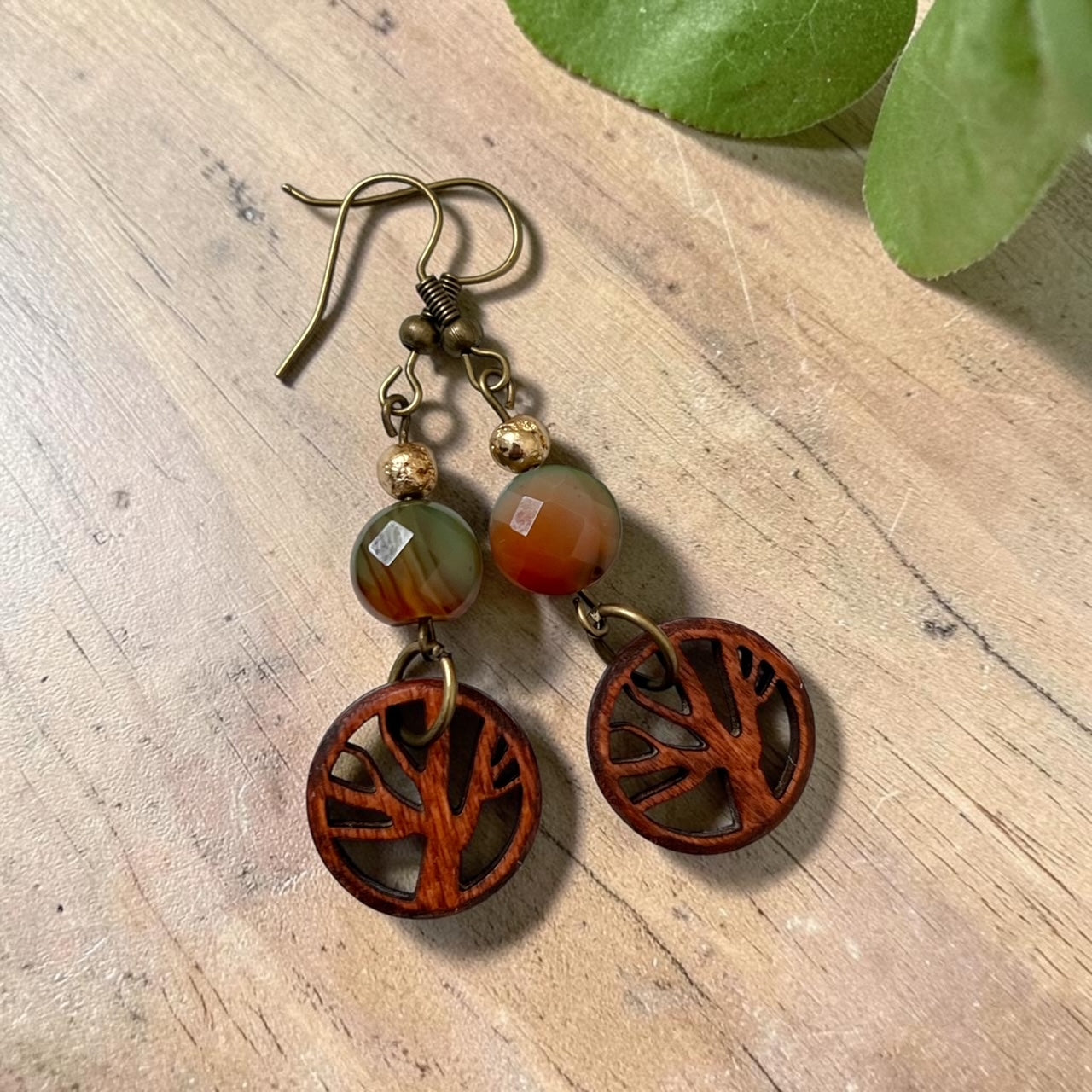 Tree of Life Wood and Agate Stone Earrings