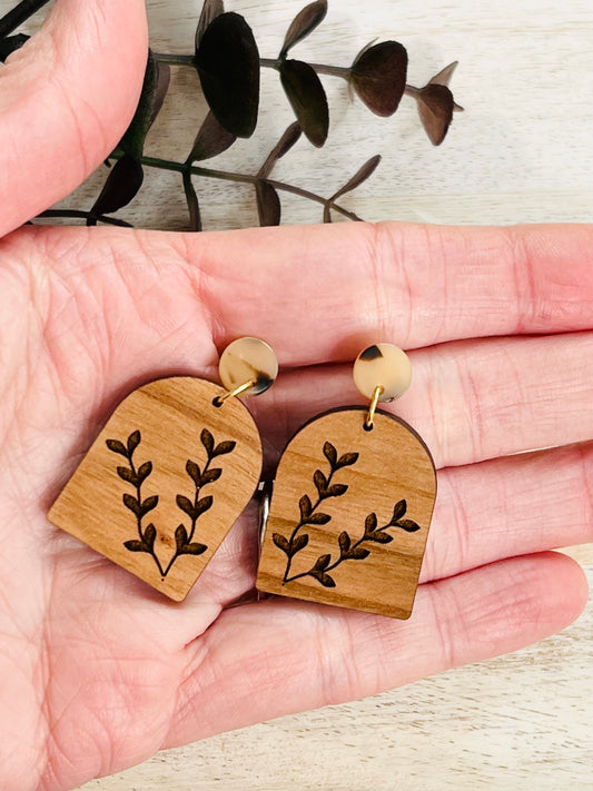 handmade wood earrings engraved floral botanicals minimal accessories fashion shop local and small