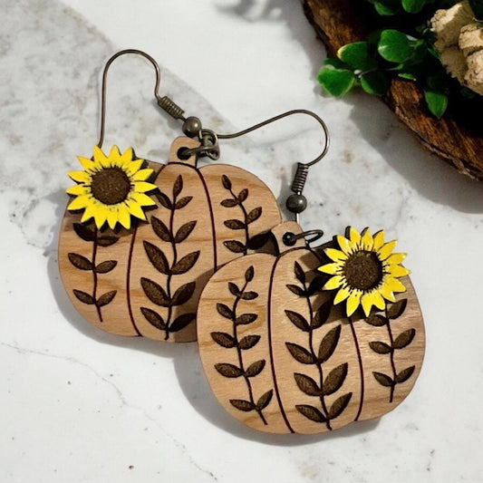 Pumpkin and Sunflower Wood Earrings
