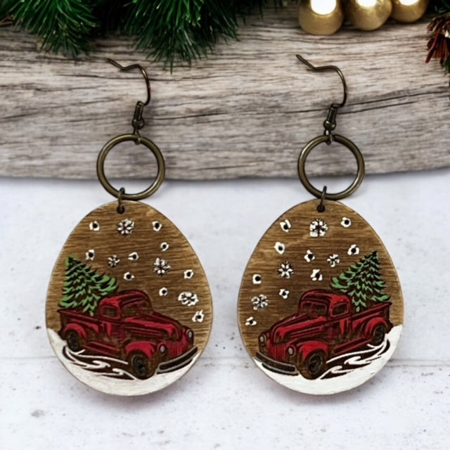 Vintage Red Truck and Christmas Tree Dangle Earrings