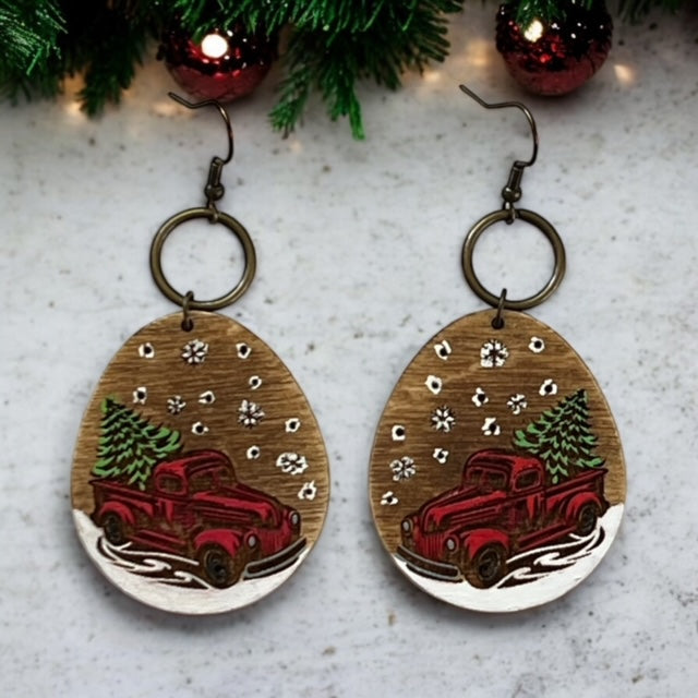 Vintage Red Truck and Christmas Tree Dangle Earrings