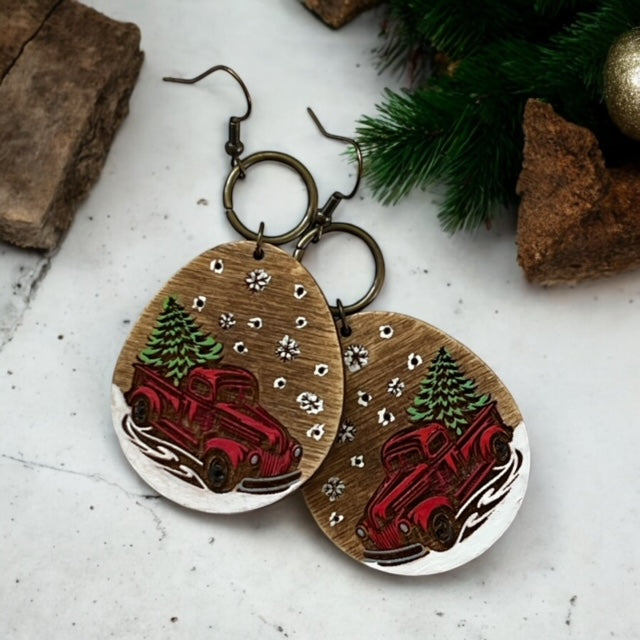 Vintage Red Truck Carrying a Christmas Tree Boho Wood Earrings