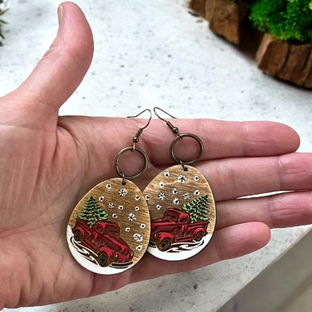 Vintage Red Truck and Christmas Tree Dangle Earrings