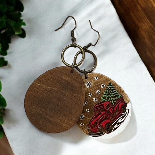 Vintage Red Truck and Christmas Tree Dangle Earrings