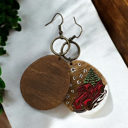 Vintage Red Truck and Christmas Tree Dangle Earrings