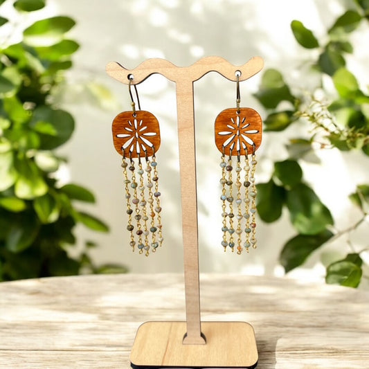 boho wood fringe chandelier earrings