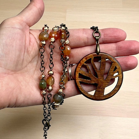 Tree of Life Agate Stone and Chain Link Necklace