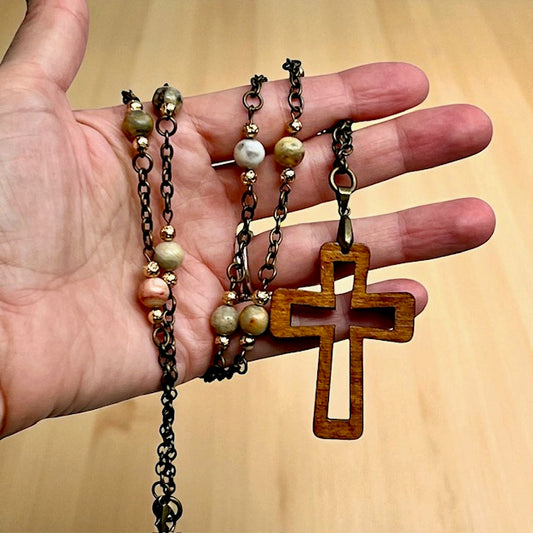 Cross Pendant and Agate Stone and Chain Link Necklace