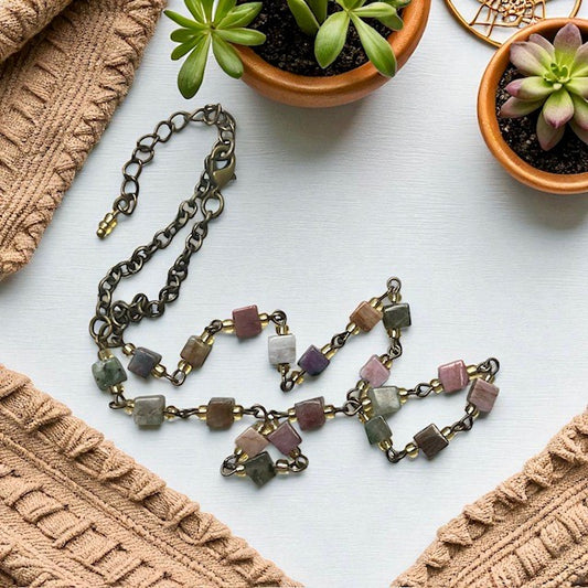 cubed tourmaline stone and antiqued brass choker chain