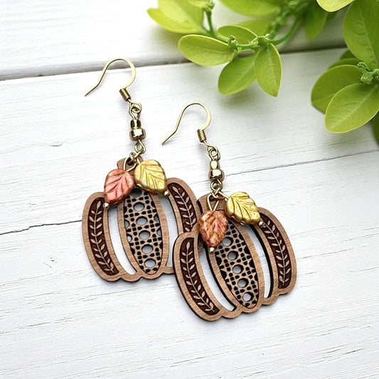 Pumpkin Rattan Earrings with Czech Glass Leaf Charms