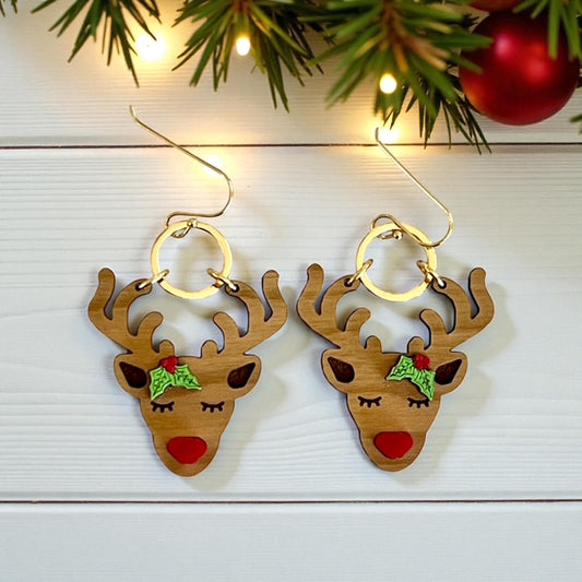 Miss Rudolph the Red Nosed Reindeer Wood Earrings