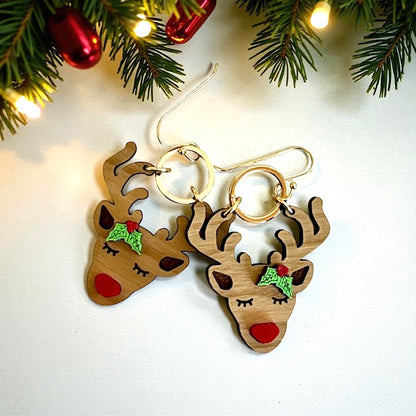 Miss Rudolph the Red Nosed Reindeer Wood Earrings
