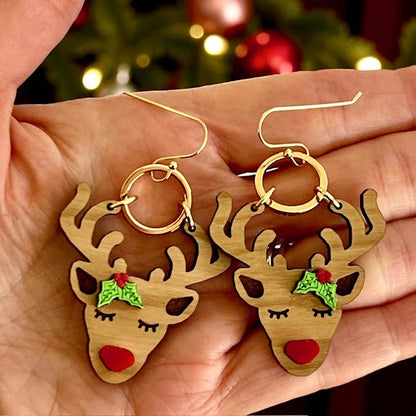 Miss Rudolph the Red Nosed Reindeer Wood Earrings