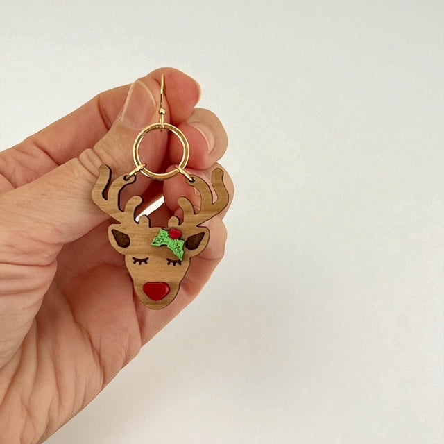 Miss Rudolph the Red Nosed Reindeer Wood Earrings