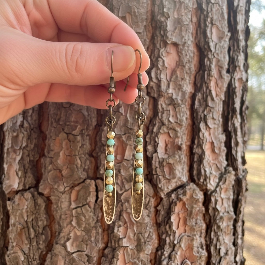 Hammered Brass Leaf & African Jasper Drop Earrings