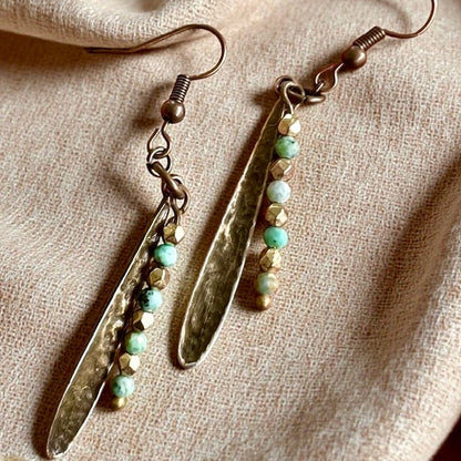 Hammered Brass Leaf & African Jasper Drop Earrings