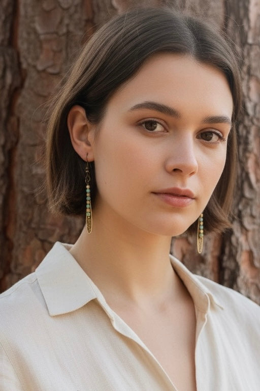 Hammered Brass Leaf & African Jasper Drop Earrings