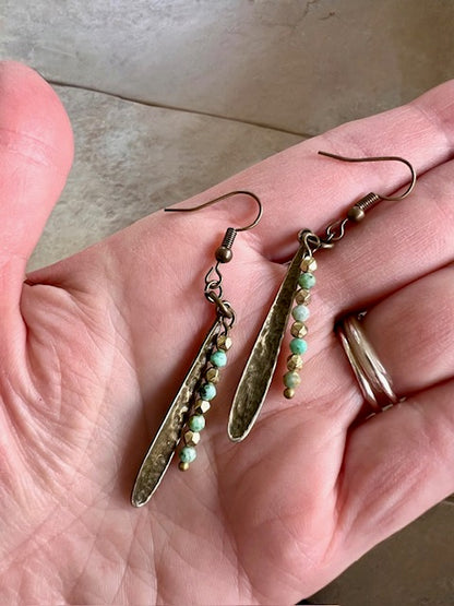 Hammered Brass Leaf & African Jasper Drop Earrings