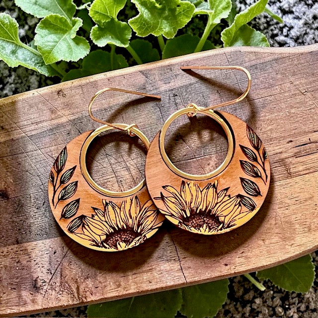 Sunflower Wood Dangle Earrings